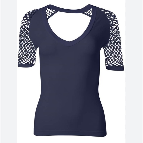 VENUS Navy Blue Mesh Short Sleeve Top M NWOT - Picture 3 of 8
